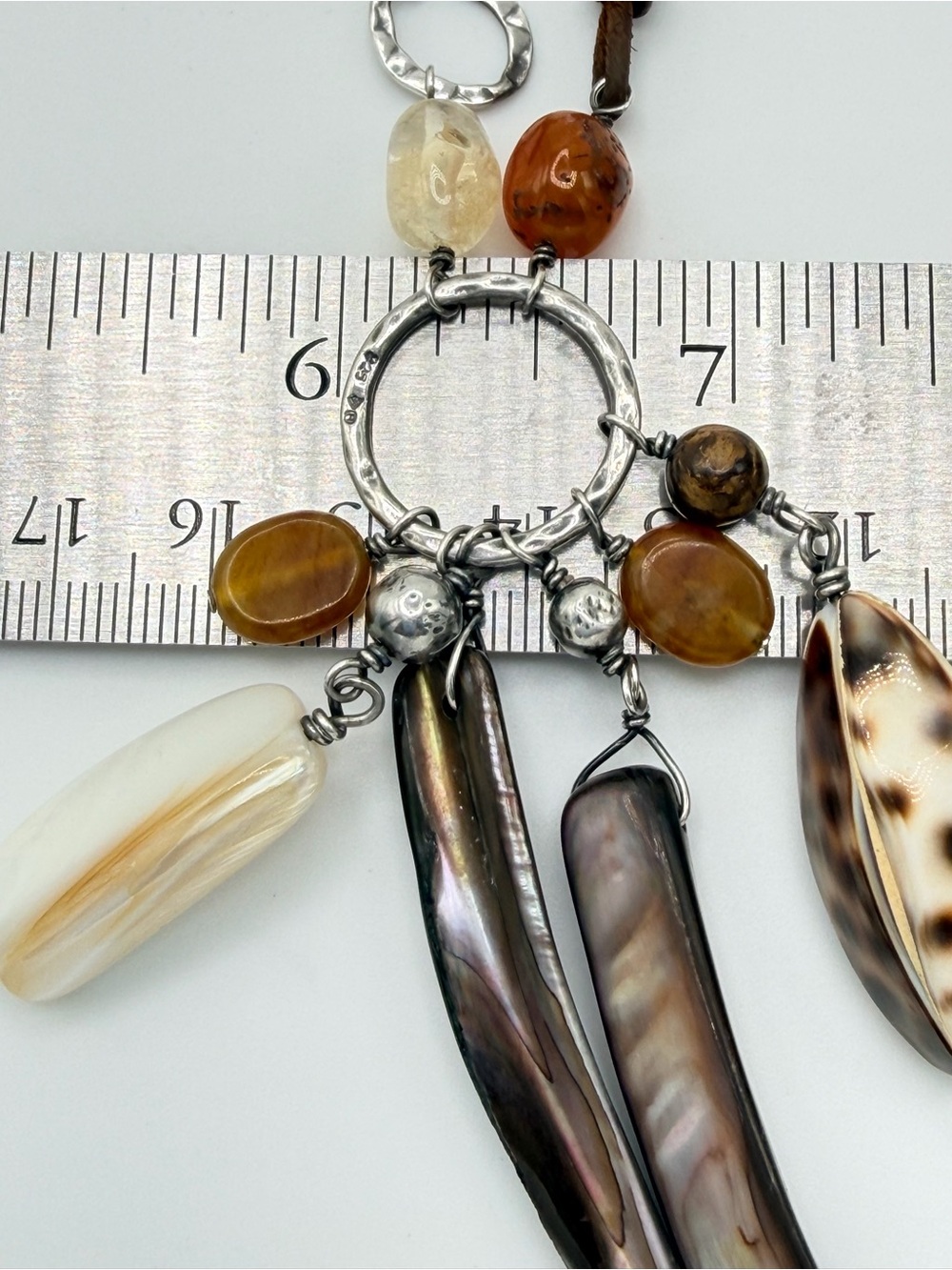 Silpada Vintage Sterling & Leather Citrine, Carnelian & Shell Necklace - Picture 15 of 16